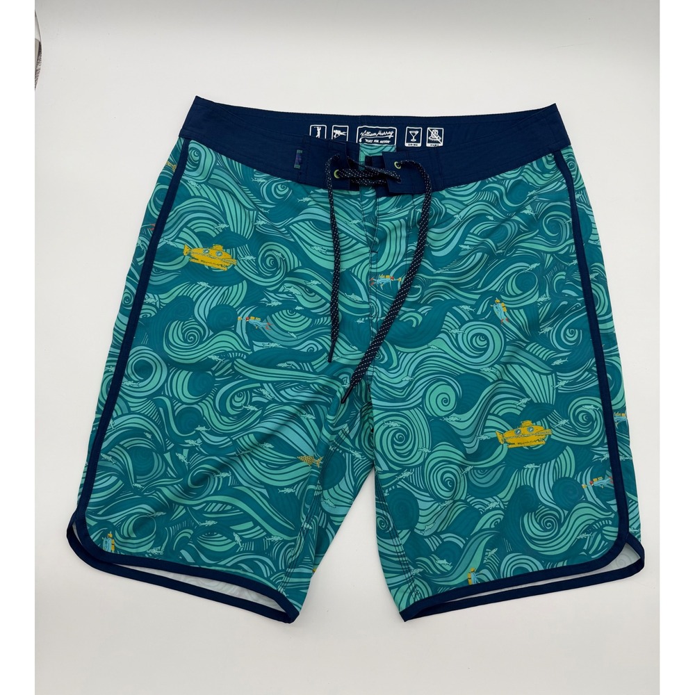 William Murray Golf Men Size 30 Board Shorts Teal Yellow Submarine Scuba Wave